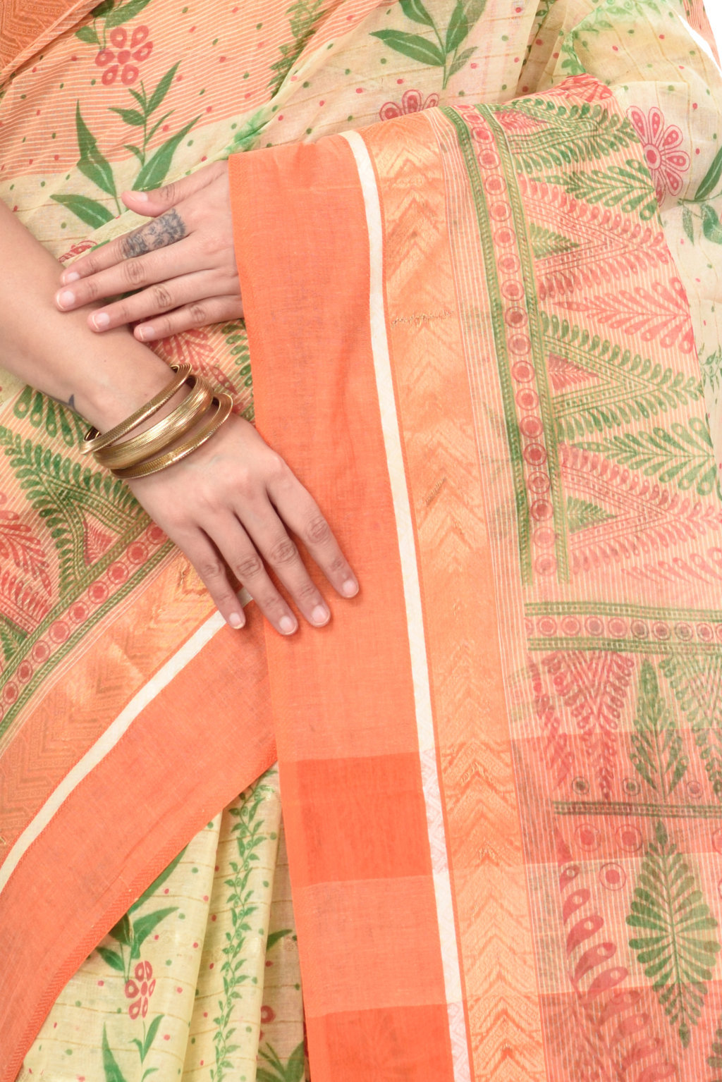 Orange Pure Cotton Lata Pata Tant Saree Print (436)